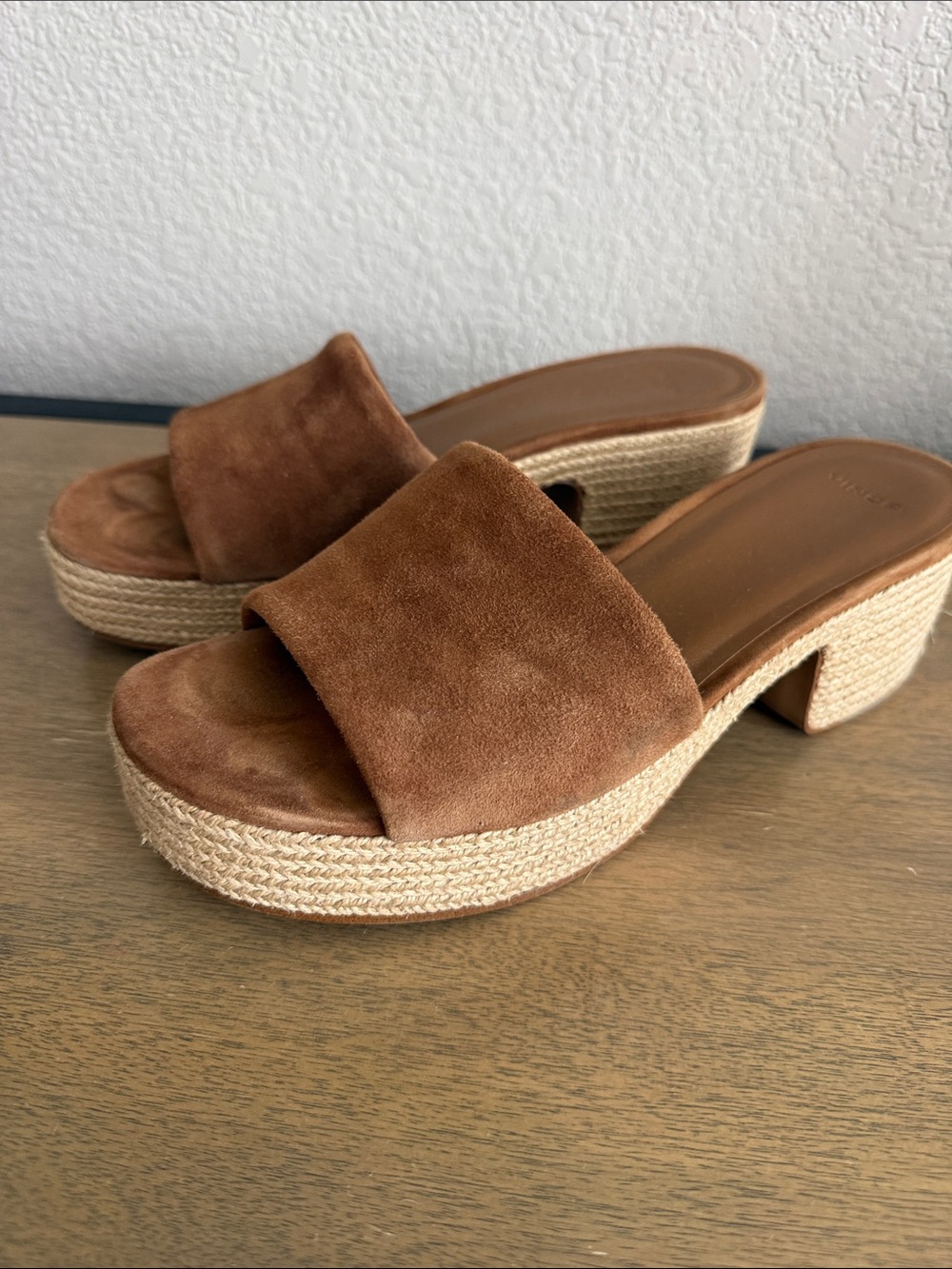 Vince Brown Suede Braided Espadrille Wedge Slides